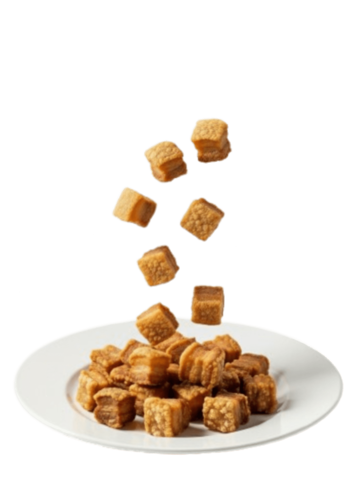 torreznos de soria cayendo sobre un plato blanco